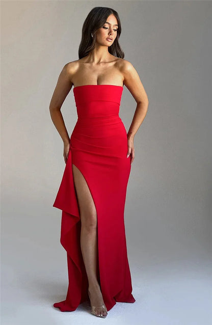 Mozision Strapless Backless High Split Maxi Dress Women Fashion Off-shoulder Sleeveless Bodycon Club Party Long Dress Elegant