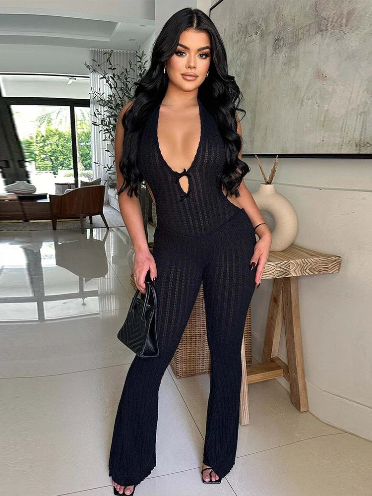 Weird Puss Backless Jumpsuit Women Low-Neck Sleeveless Skinny Stretch Halter Fitness Knit Clubwear Sexy Summer Trend Soft Outfit