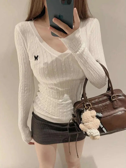 Casual V Neck White Pullovers Women Sweaters Autumn Winter Basic Long Sleeve Y2k Clothes Korean Pink Grey Ladies Tops Jumpers