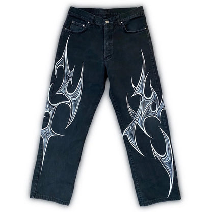 Vintage Mens Baggy Black Jeans Summer Gothic Cross Graffiti Straight Denim Pants High Street Women Casual Wide Leg Trousers