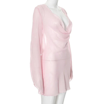 Sexy Deep V-Neck Nightgown Trendy Pink Backless Flare sleeve Sheer Mini Dress Women's Sensual Clothing Sleepwear Loungewear Pjs