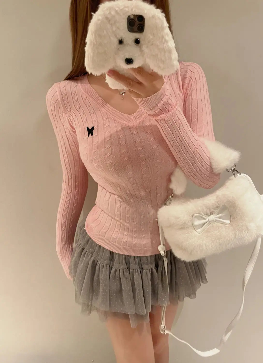 Casual V Neck White Pullovers Women Sweaters Autumn Winter Basic Long Sleeve Y2k Clothes Korean Pink Grey Ladies Tops Jumpers