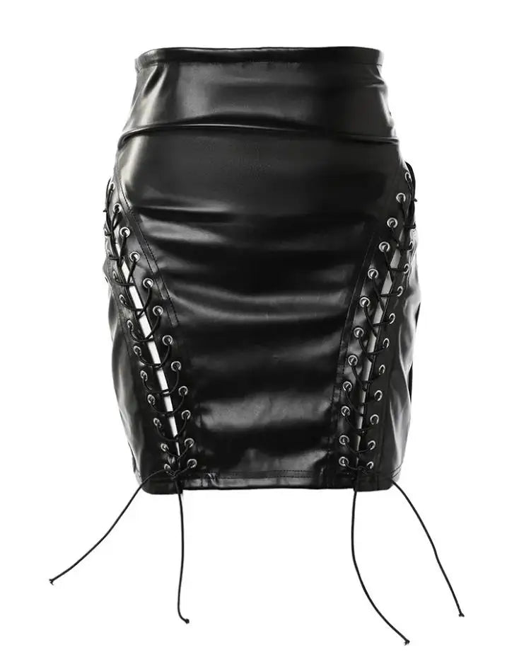 Lace-Up PU Leather Skirt for Woman 2023 New Fashion High Waist Sexy Eyelet Skinny Solid Color Bodycon Mini Skirts Night Out