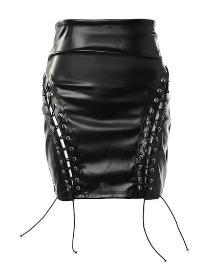 Lace-Up PU Leather Skirt for Woman 2023 New Fashion High Waist Sexy Eyelet Skinny Solid Color Bodycon Mini Skirts Night Out