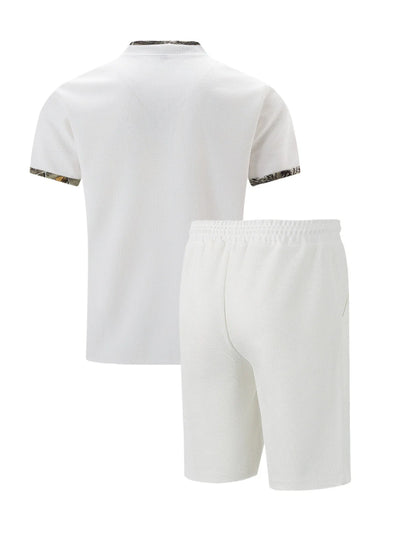 2025 Men Europe and the United States new summer Waffle solid color zip-up lapel short-sleeve suit shorts two sets