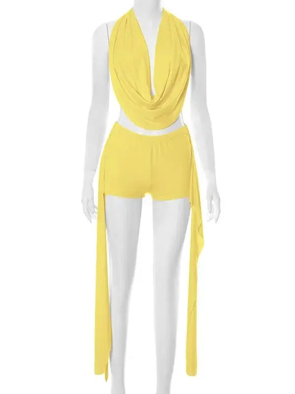 Weird Puss Elegant Women 2 Piece Set Halter Swing Collar Backless Sexy Tank Tops+Side Tassel Shorts Matching Clubwear Outfits