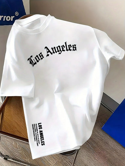 Men's Summer 100% Cotton Fashion Los Angeles Letter Printed Loose Large Casual Comfortable Round Neck Short Sleeve T-shirt Top