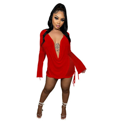 Y2k Sexy Chiffon Transparent Mini Dress Women Fashion Deep V-neck Long Sleeve Dresses Female Trend Vintage Street Party Clothing