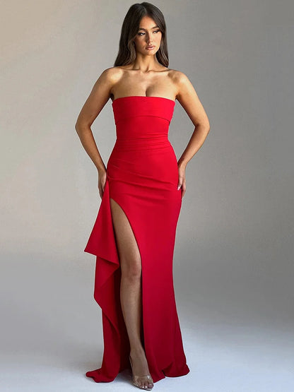 Mozision Strapless Backless High Split Maxi Dress Women Fashion Off-shoulder Sleeveless Bodycon Club Party Long Dress Elegant