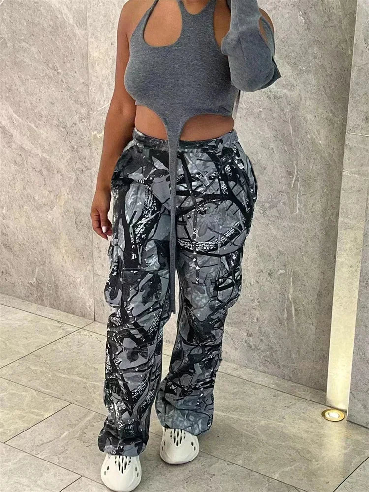 Summer Outfits y2k Clothes Streetwear Print Pants For Women Gray Casual Trousers Baggy High Waist Wide Leg Pants Trousers