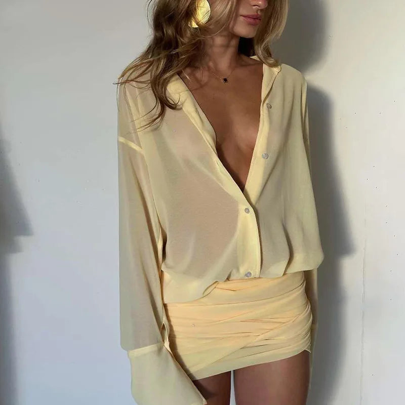 Cryptographic Fashion See Through Shirt Mini Dress Flare Sleeve Sexy Club Party Bandage Ruched Lapel Dresses Outfits Clothes