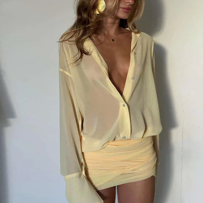 Cryptographic Fashion See Through Shirt Mini Dress Flare Sleeve Sexy Club Party Bandage Ruched Lapel Dresses Outfits Clothes