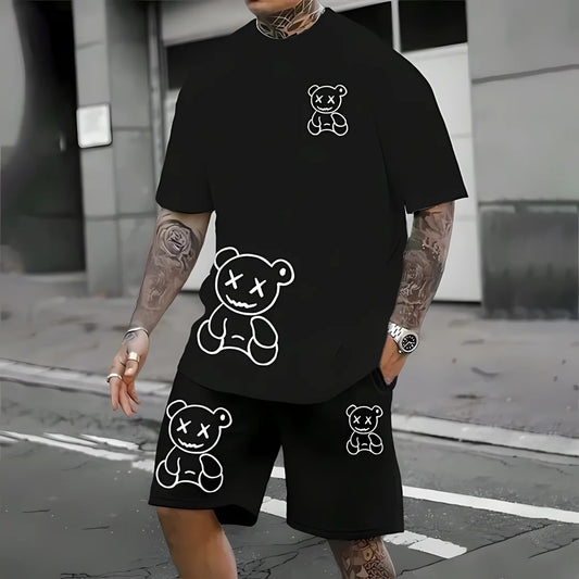 Summer 2025 New Funny Bear Print Men's T-shirt Shorts Two-piece Set Outdoor Sports Leisure Fashion Trend Harajuku Street Style