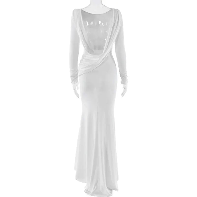 GACVGA Backless Long Sleeve Maxi Dress For Women 2024 Autumn Winter New High Waist White Ruched Sexy Bodycon Long Dress
