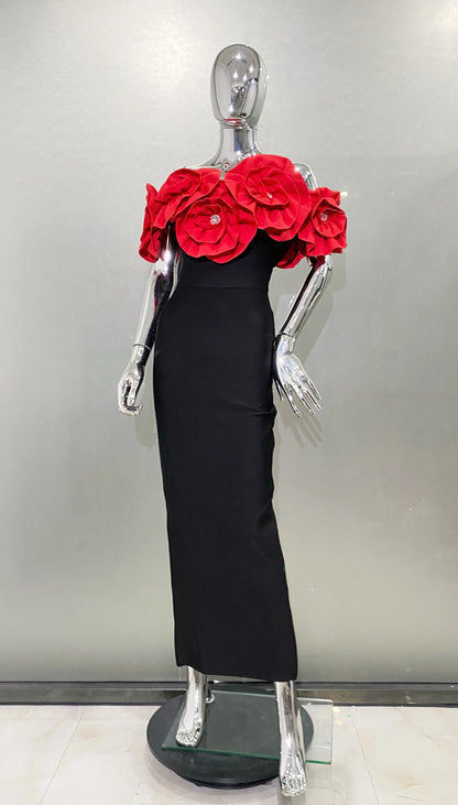 3 Colors Stereoscopic Flowers Sexy Off The Shoulder Ankle Lenght Bandage Dress Woman Birthday Party Vestido Wedding Party Outfit