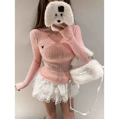 Casual V Neck White Pullovers Women Sweaters Autumn Winter Basic Long Sleeve Y2k Clothes Korean Pink Grey Ladies Tops Jumpers
