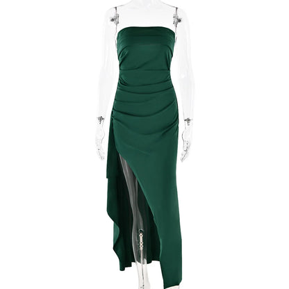 Cryptographic Off Shoulder Elegant High Rise Split Maxi Dress Club Outfits for Women Sexy Strapless Evening Dresses Ruched Gown