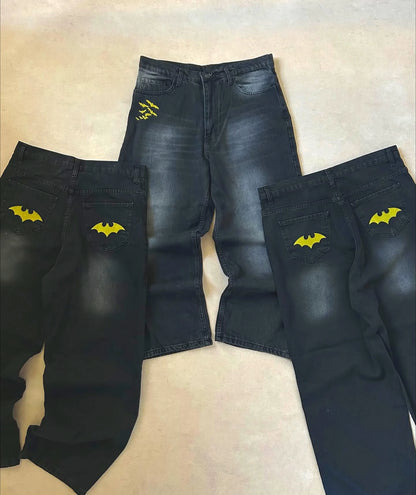 Harajuku Embroidered Baggy Jeans Men Women Hip Hop Vintage Black Wash Baggy Jeans Low Rise Wide Leg Pants American Y2K Clothes