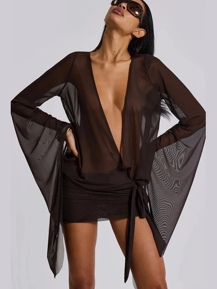 Irregular Women Mini Dress Sexy See Through Chic Long Sleeve Deep Low Neck Bandage Slim Vestidos Mujer Coquette Frock