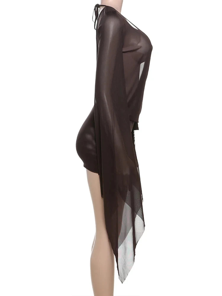 Irregular Women Mini Dress Sexy See Through Chic Long Sleeve Deep Low Neck Bandage Slim Vestidos Mujer Coquette Frock