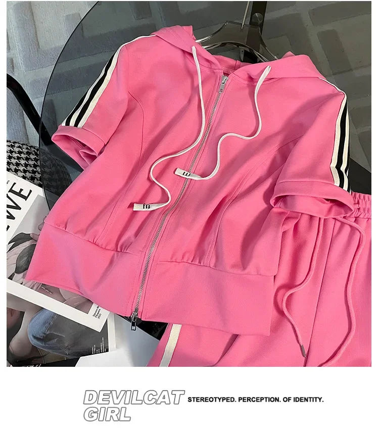 Korean Style Women's Sportswear Summer 2024 Trendy Age-Reducing Slimming Elegant Short Sleeves Hooded Top 2-Piece Set