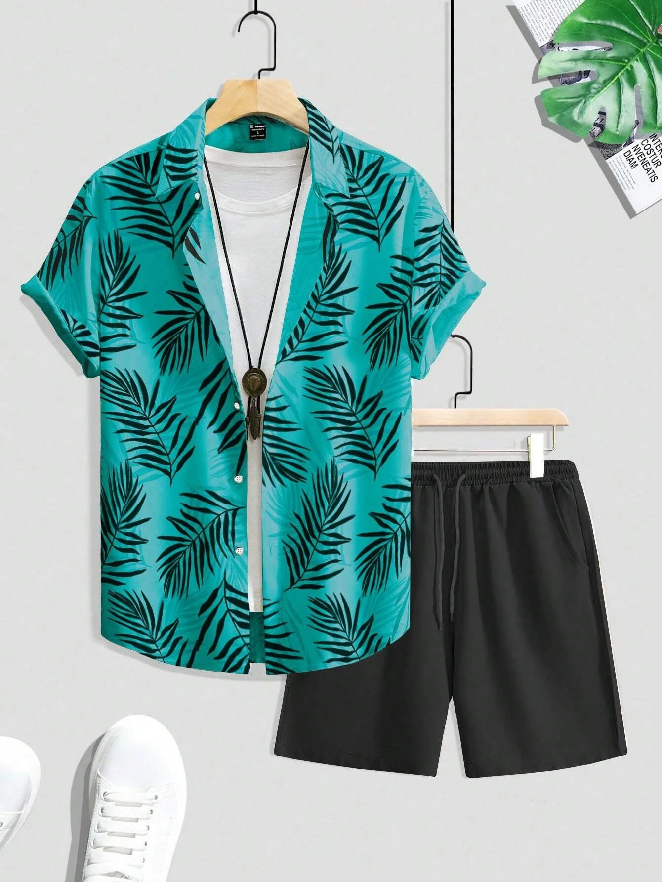 Summer Fashion Men's Suit Elegant Plant Printing Pattern Short-sleeved Lapel Shirt And Drawstring Shorts Leisure Two-piece Suit