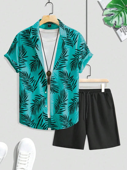 Summer Fashion Men's Suit Elegant Plant Printing Pattern Short-sleeved Lapel Shirt And Drawstring Shorts Leisure Two-piece Suit