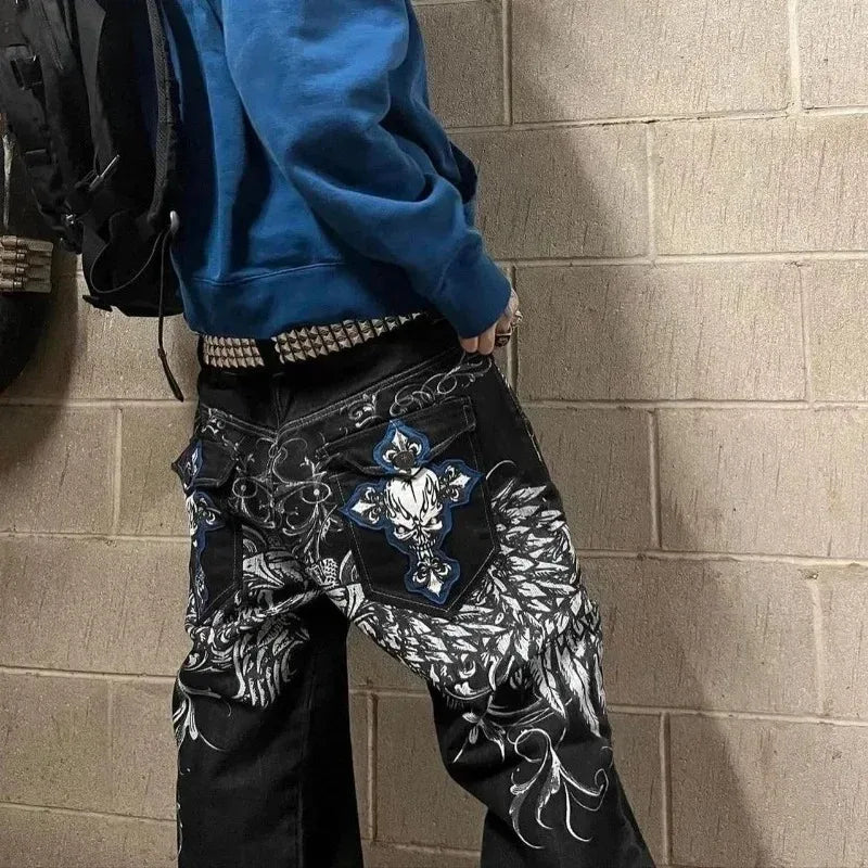 2025 New Jeans embroidered hip-hop wide-leg floor-moving Y2K mid-waist gothic individual men's pants American retro fashion★★★★