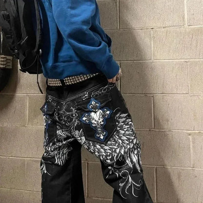 2025 New Jeans embroidered hip-hop wide-leg floor-moving Y2K mid-waist gothic individual men's pants American retro fashion★★★★