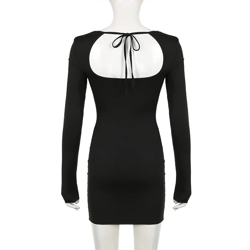 Fashion Autumn Dresses Women New Streetwear Long Sleeves Split Lace-up Mini Dress Black Sexy Backless Female Casual Slim Dresses