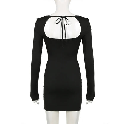Fashion Autumn Dresses Women New Streetwear Long Sleeves Split Lace-up Mini Dress Black Sexy Backless Female Casual Slim Dresses