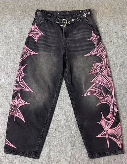 Vintage Mens Baggy Black Jeans Summer Gothic Cross Graffiti Straight Denim Pants High Street Women Casual Wide Leg Trousers