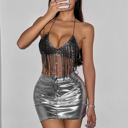 Luxury Rhinestone Tassel Decoration Tank Top For Women Summer Sexy Backless Bandage Halter Neck Crop Top Party Festival Camis