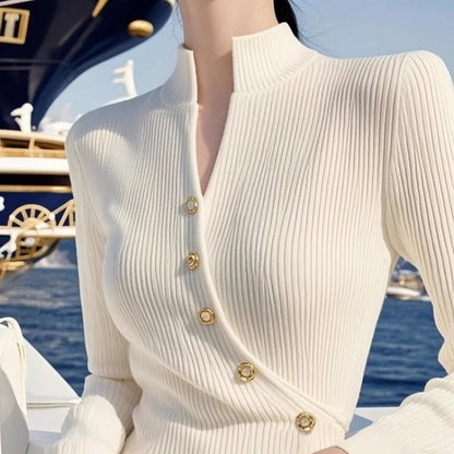 Temperament Chic Autumn Winter Women Solid Mock Neck Button Fashion Elegant Long Sleeve Pullovers Slim Bottoming Shirt Knit Tops