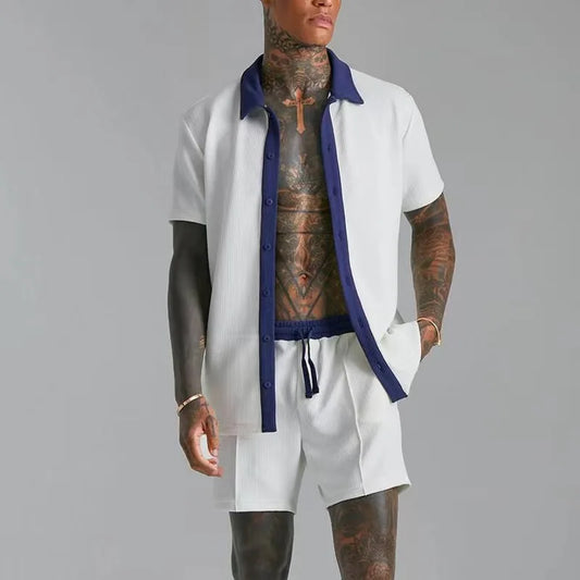 2025 Summer Beach Suit Fashion Patchwork Color Large Size Two-Piece Men's Short Sleeve Shirt + Shorts Hawaiian Casual Clothing