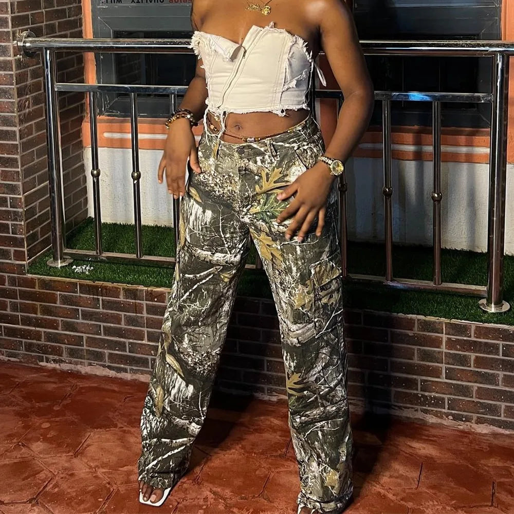 FAGADOER Fashion Camouflage Print Straight Pants Women High Waisted Button Pocket Loose Trousers Casual Female Sporty Bottoms