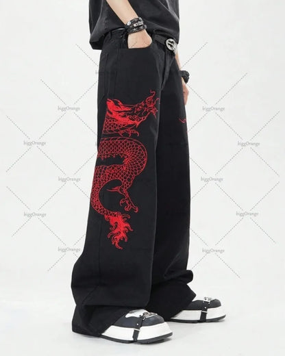American New Retro Oriental Dragon Design Fashionable Loose Jeans Men Street Hip-hop Casual Straight Wide-leg Pants Women