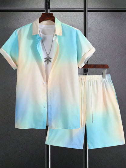 Coconut Tree Print Men's Shirt Gradient Short Sleeve And Beach Shorts Sets Summer Casual Loose Shirts Hawaiian Style Man Outfit