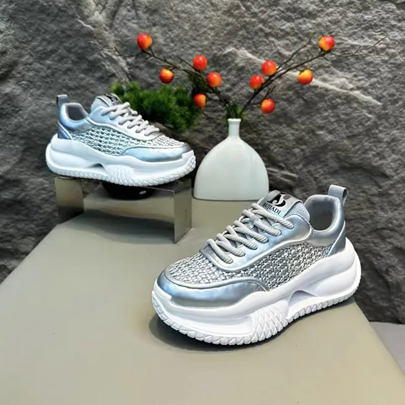 Chunky Sneaker Men Designer Hollow Sole Sport Shoes Fashion Casual Leather Fabric Breathable Height Increased Platform Gym Shoes