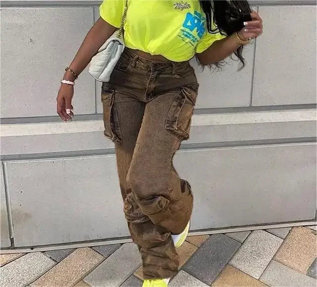 High Waist Tie Dye Denim Pants Women's Workwear Style Loose Fit Multi Pocket Trendy Street Fashion Long Trousers