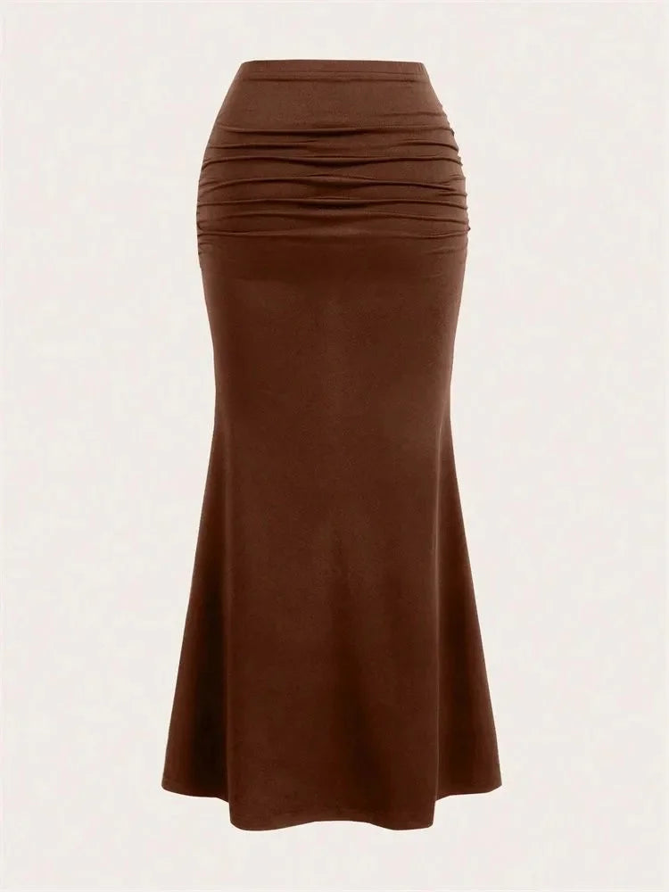 Solid Bodycon Ruched Long Skirt Women Sexy Black Elastic Elegant High Waist Mermaid Maxi Skirts Summer Streetwear