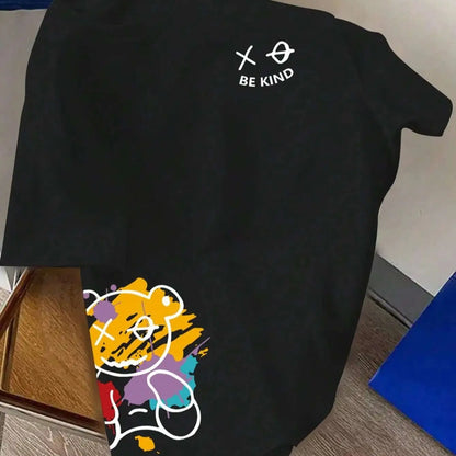 Men's 100% pure cotton summer loose size BE KIND letter cartoon print casual comfortable round neck short sleeved T-shirt top