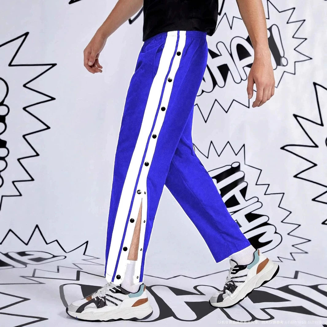 Men's outdoor sports and fitness casual pants, with multiple buttons on the side, fashionable and versatile loose straight-leg p