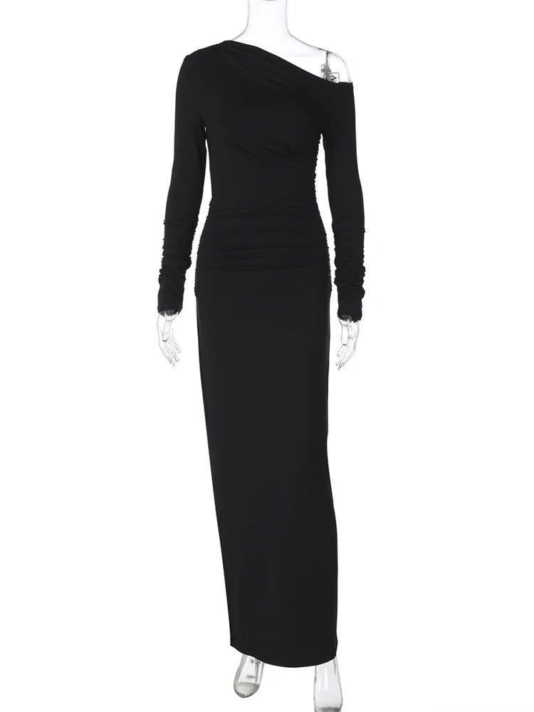 TARUXY White Skew Collar Long Sleeve Maxi Dress For Women 2024 Autumn Winter New Bodycon Elegant Party Dress Female High Waist