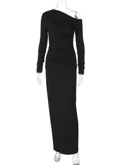 TARUXY White Skew Collar Long Sleeve Maxi Dress For Women 2024 Autumn Winter New Bodycon Elegant Party Dress Female High Waist