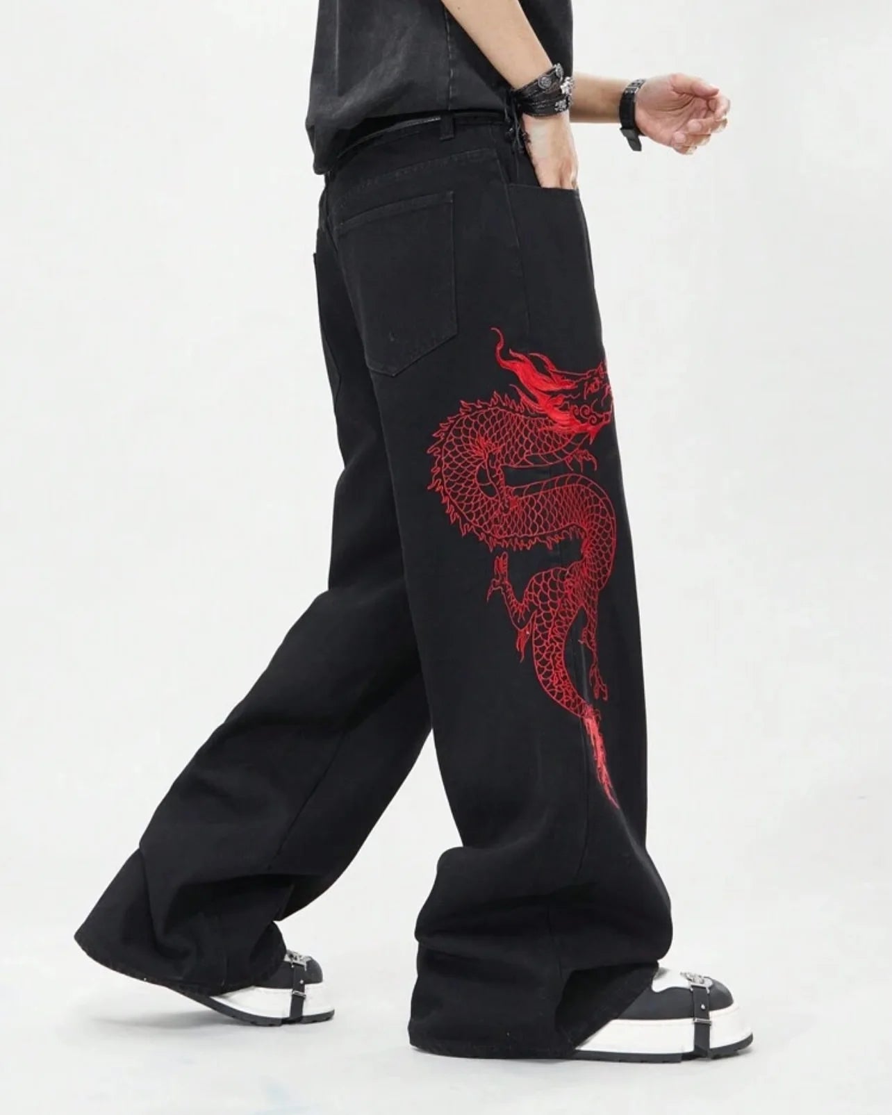 American New Retro Oriental Dragon Design Fashionable Loose Jeans Men Street Hip-hop Casual Straight Wide-leg Pants Women