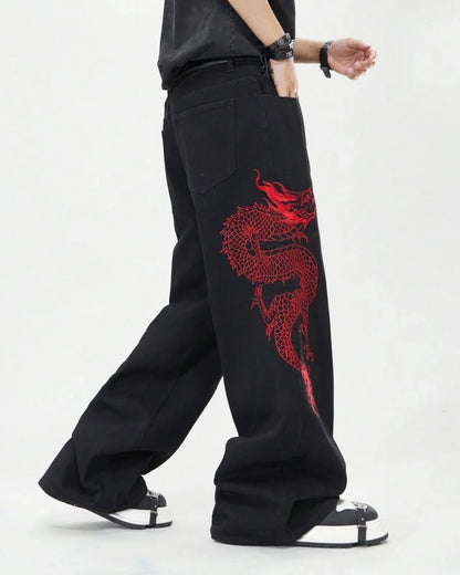 American New Retro Oriental Dragon Design Fashionable Loose Jeans Men Street Hip-hop Casual Straight Wide-leg Pants Women