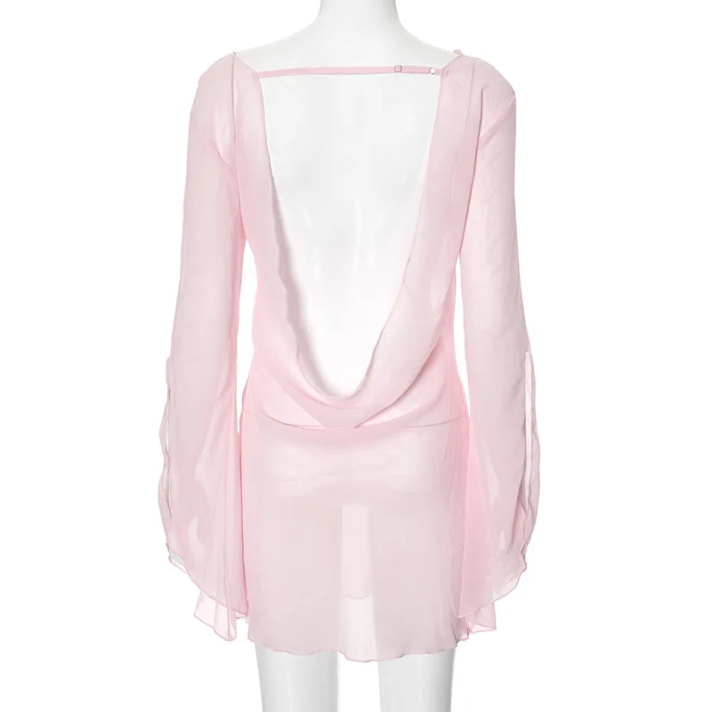 Sexy Deep V-Neck Nightgown Trendy Pink Backless Flare sleeve Sheer Mini Dress Women's Sensual Clothing Sleepwear Loungewear Pjs