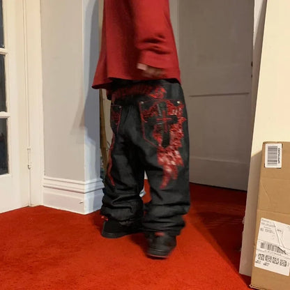 High Street Gothic Embroidered Men Black Red Pattern Y2K High Waist Jeans American Retro Street Couple Casual Pants