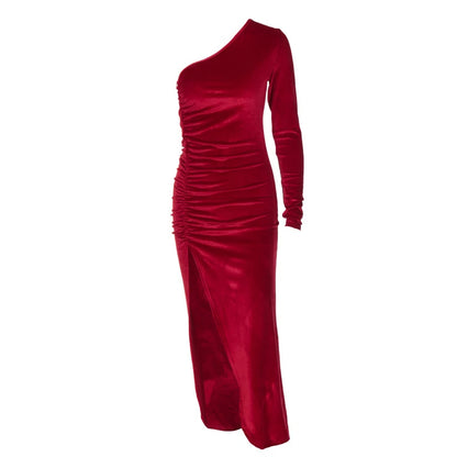 Women Elegant Long Sleeve Party Evening Velvet Bodycon Split Pencil Midi Dress Spring Autumn Clothes